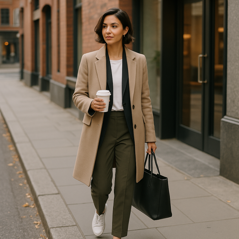 Stylish woman in a tailored outfit walking through the city, blending elegance and practicality.