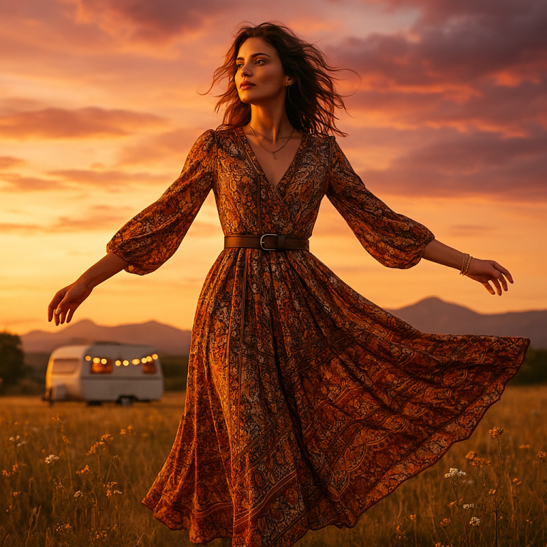 Woman in a flowing Bohemian style dress standing in a wildflower field at golden hour, capturing the essence of free-spirited, effortless fashion.