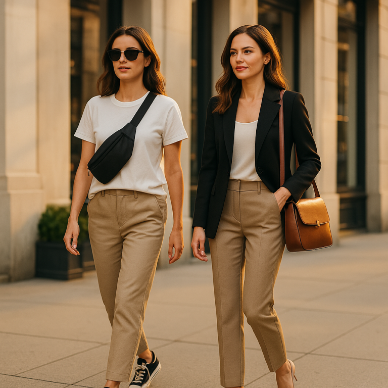 Fashionable women showcasing crossbody vs shoulder bags in a city setting, highlighting the style and fit differences between the two bag types